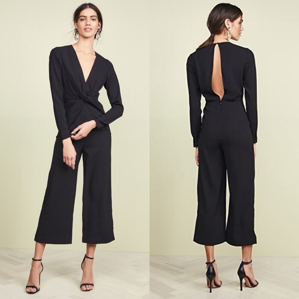 NWT Self-Portrait Twist Front Plunge Neckline Cropped Jumpsuit Black Size US 0 - Picture 2 of 11